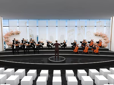 Elegant Club Interior With Live Orchestra Conductor Musicians And White Seats Setup 3d model