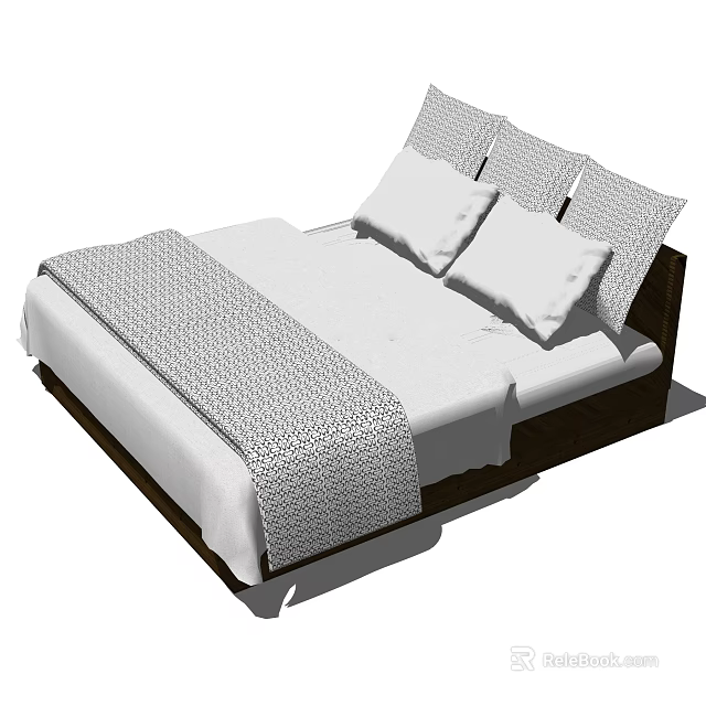 Modern Double Bed With Wooden Frame White Mattress And Patterned Blanket 3d model 
