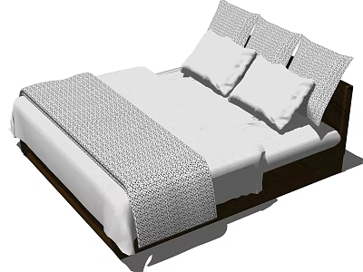 Modern Double Bed With Wooden Frame White Mattress And Patterned Blanket 3d model