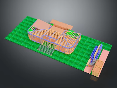 3D House Framework Model With Green Grass Base And Structural Components 3d model