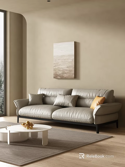 Modern Living Room Interior With Light Gray Leather Sofa Beige Walls Wall Art And Cushions 3d model 