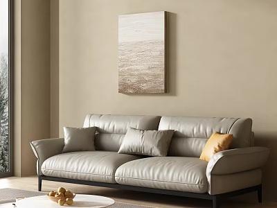 Modern Living Room Interior With Light Gray Leather Sofa Beige Walls Wall Art And Cushions 3d model