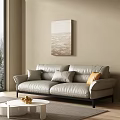 Modern Living Room Interior With Light Gray Leather Sofa Beige Walls Wall Art And Cushions