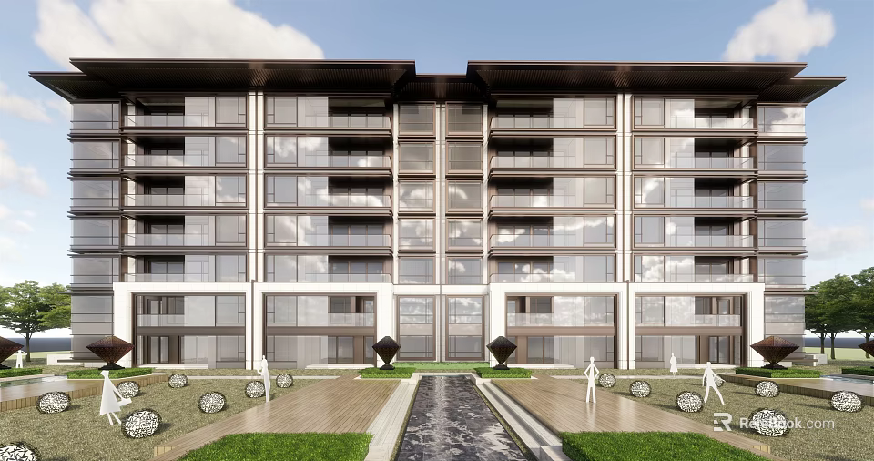 Modern Multi Story Residential Building Exterior With Glass Windows Balconies And Landscaped Water Feature Garden 3d model 