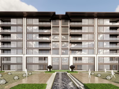 Modern Multi Story Residential Building Exterior With Glass Windows Balconies And Landscaped Water Feature Garden 3d model