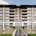 Modern Multi Story Residential Building Exterior With Glass Windows Balconies And Landscaped Water Feature Garden
