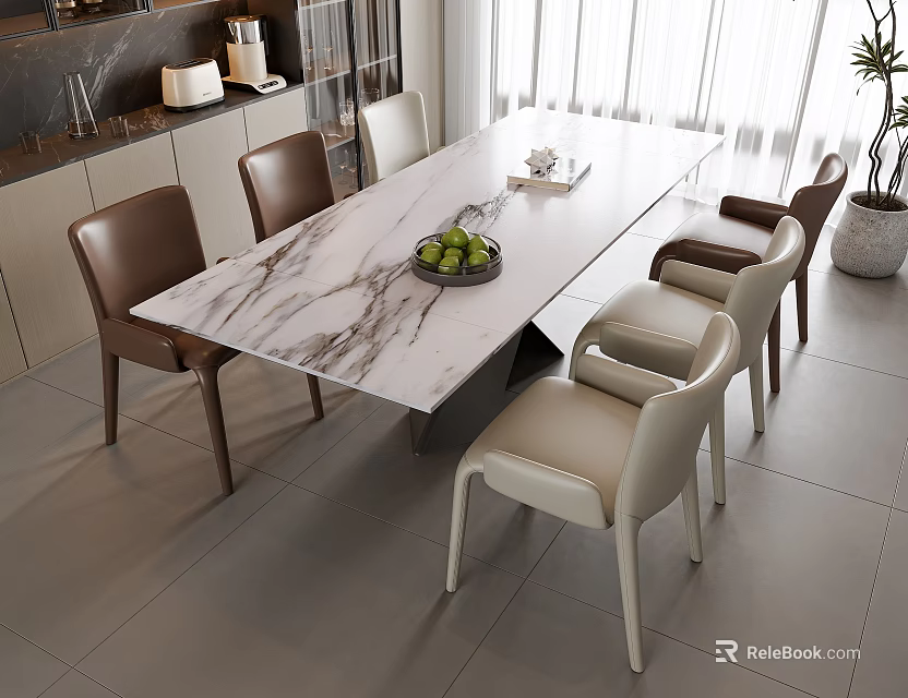 Modern Dining Table And Chairs Set Featuring Marble Top And Leather Seats 3d model