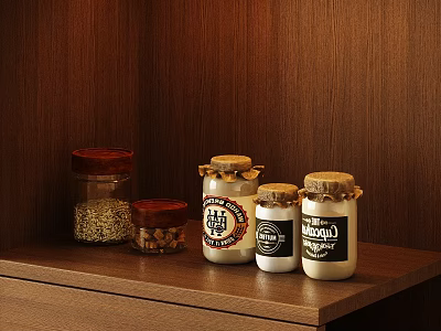 Food Storage Jars on Wooden Shelf with Grains Cinnamon and Various Sizes Red Brown Lids 3d model
