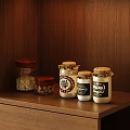 Food Storage Jars on Wooden Shelf with Grains Cinnamon and Various Sizes Red Brown Lids