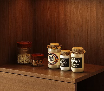 Food Storage Jars on Wooden Shelf with Grains Cinnamon and Various Sizes Red Brown Lids 3d model