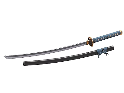 Traditional Samurai Sword As Ancient Japanese Weapon With Black Sheath And Blue Handle 3d model