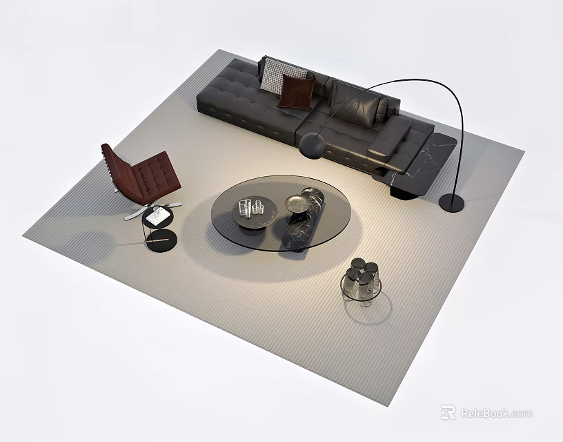 Modern Leather Sofa and Round Glass Coffee Table Set With Chair Floor Lamp and Rug 3d model 