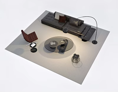 Modern Leather Sofa and Round Glass Coffee Table Set With Chair Floor Lamp and Rug 3d model