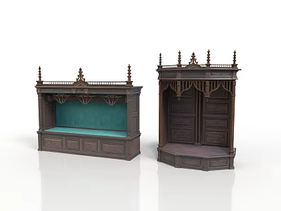 Classic Dark Wood Carved Furniture With Green Countertop And Ornate Spire Details 3d model