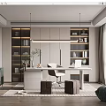 Modern Study Room Interior Design With Bookshelves Desk Chair And Pendant Lights