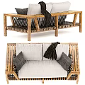 Outdoor Sofa With Wooden Frame White Cushions And Black Woven Pillows