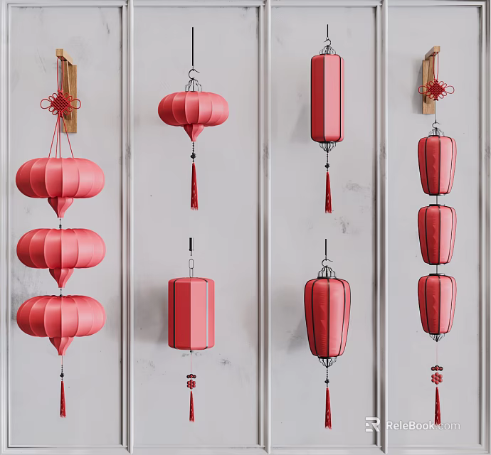 Traditional Red Hanging Lanterns With Tassels And Decorative Designs On White Wall 3d model 