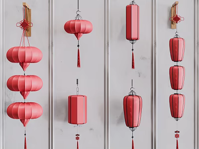 Traditional Red Hanging Lanterns With Tassels And Decorative Designs On White Wall 3d model