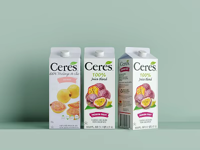 Ceres Fruit Juice Cartons With Different Flavors And Fresh Fruit 3d model