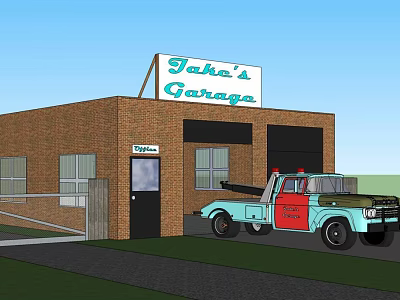 Taha's Garage Brick Building With Garage Door And Tow Truck Service 3d model