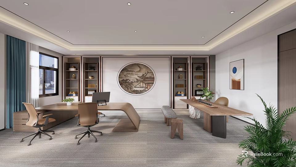 Modern Chinese Style Office Interior With Wooden Desks Bookshelves Office Chairs And Natural Light 3d model 