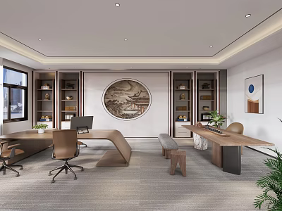 Modern Chinese Style Office Interior With Wooden Desks Bookshelves Office Chairs And Natural Light 3d model