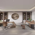 Modern Chinese Style Office Interior With Wooden Desks Bookshelves Office Chairs And Natural Light