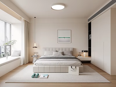 Modern Bedroom Interior With Bed Wardrobe Bay Window Wall Art And Wooden Floor 3d model