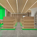 Modern Retail Store Interior Design With Wooden Ceiling Glass Doors Green Walls And Display Shelves