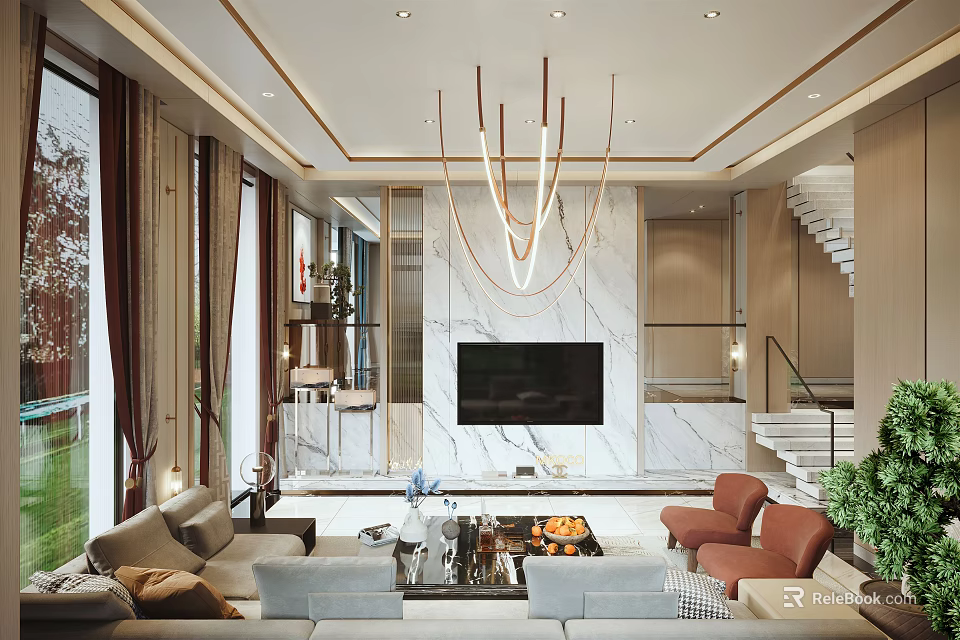 Elegant Modern Living Room Interior With Marble Wall Sofa Coffee Table TV And Chandelier 3d model 