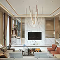 Elegant Modern Living Room Interior With Marble Wall Sofa Coffee Table TV And Chandelier