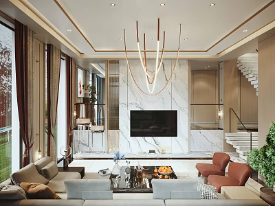Elegant Modern Living Room Interior With Marble Wall Sofa Coffee Table TV And Chandelier 3d model