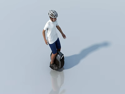 A Man Riding Hoverboard Wearing White T Shirt Blue Shorts and Helmet on Light Ground 3d model