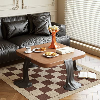 Brown Wooden Coffee Table With Orange Vase Plates Coffee Cup And Book In Living Room 3d model
