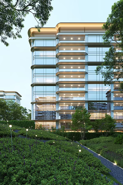 Modern High Rise Residential Building With Glass Curtain Walls And Greenery Surroundings 3d model