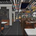 Modern Restaurant Interior Design With Chandeliers Crane Decorations Green Plants And Blue Lighting