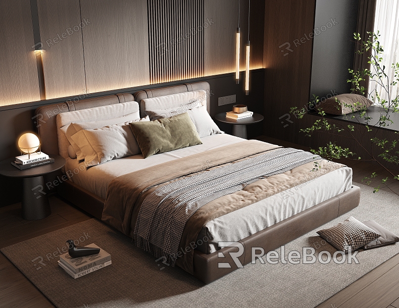 Minotti Bedroom Leather Double Bed Fabric Double Bed Small Chandelier Dark Italian Style Light Luxury model