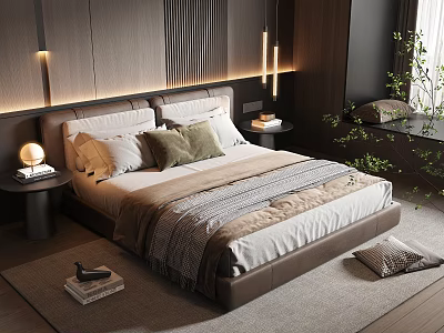 Modern Bedroom Interior With Cozy Bed Pillows Striped Blanket Nightstand Lamp And Green Plant 3d model