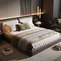 Modern Bedroom Interior With Cozy Bed Pillows Striped Blanket Nightstand Lamp And Green Plant