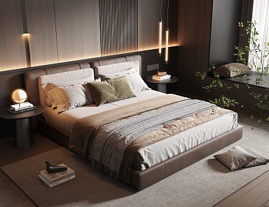 Minotti Bedroom Leather Double Bed Fabric Double Bed Small Chandelier Dark Italian Style Light Luxury 3d model