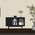 Modern Black Console Cabinet with Drawers Glass Doors Wall Art and Floor Lamp Near Potted Plant