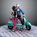 Two People Standing by Turquoise Scooter on Cobblestone Ground With Gray Background Spotlight Effect