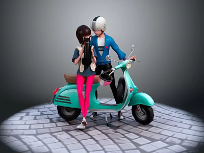 Two People Standing by Turquoise Scooter on Cobblestone Ground With Gray Background Spotlight Effect 3d model