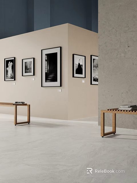 Minimalist Gallery Space With Framed Black White Photos And Wooden Bench 3d model 