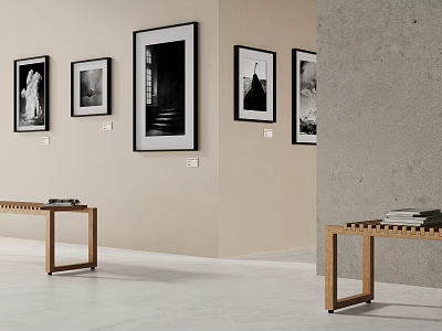 Minimalist Gallery Space With Framed Black White Photos And Wooden Bench 3d model