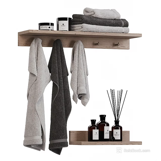 Stylish Bathroom Accessories Wooden Shelf with Hanging Towels and Aromatherapy Bottles 3d model 