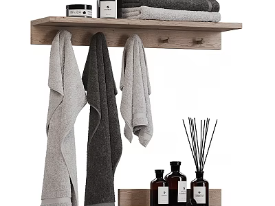Stylish Bathroom Accessories Wooden Shelf with Hanging Towels and Aromatherapy Bottles 3d model