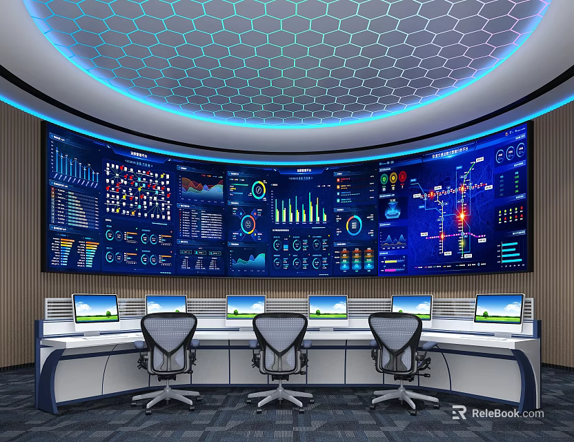 Advanced Control Room Setup With Multiple Digital Screens Data Dashboards And Ergonomic Chairs 3d model 
