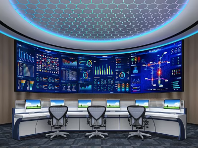 Advanced Control Room Setup With Multiple Digital Screens Data Dashboards And Ergonomic Chairs 3d model