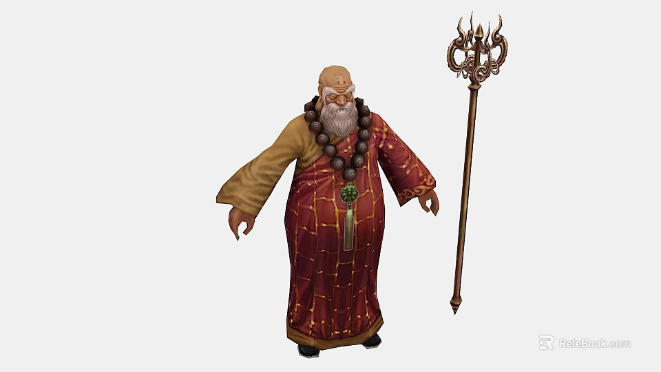 Man In Red Robe With Prayer Beads And Staff 3d model 